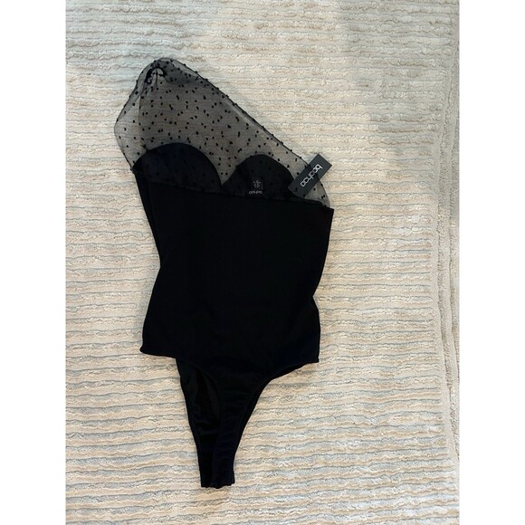 Boohoo Women’s Black Bodysuit Sheer Mesh Lola Dot Sweetheart Neckline Size US 4 - Picture 3 of 5